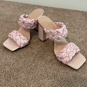 Syktkmx Women's Braided Heeled Sandals Pink Raffia Square Open Toe Block Slide